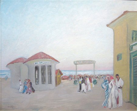 Carpi Aldo "bagni a Viareggio" olio su cartone telato cm 45,5 x 55,5 anno...