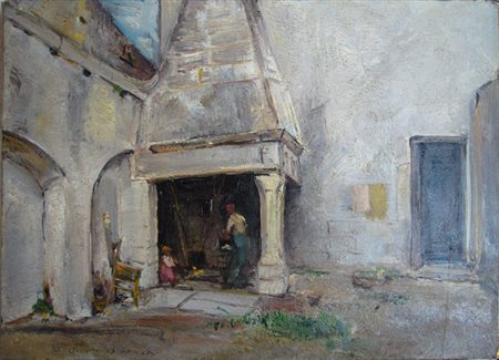 Casciaro Giuseppe " figure in cortile " olio su tavola cm 44 x 32 Firma e...