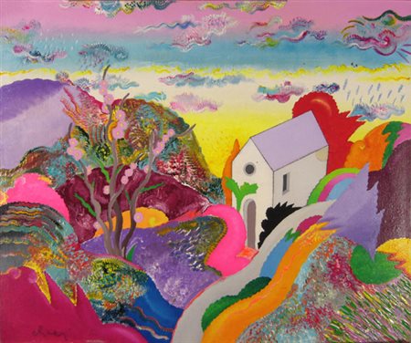 Alinari Luca "Paesaggio con casa" olio/acrilico su cartone telato cm 50 x 60...