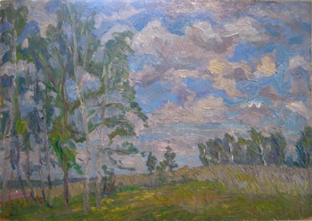 Borisov. V.A. " paesaggio russo " olio su cartone cm 49 x 34 anno 1971 A...
