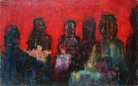 Barbieri Eugenio "cena al club" olio su tela cm 100 x 63 anno 1959 firmato e...