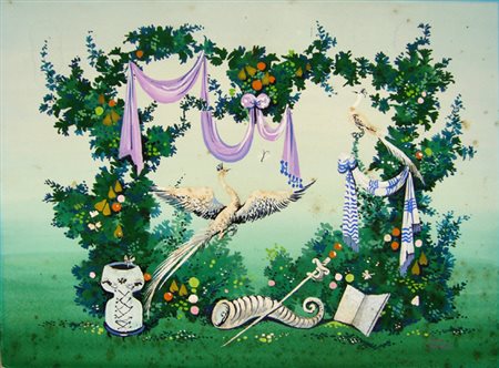 Crippa Luca " allegoria con uccelli " tempera su carta cm 39 x 29 firmata in...