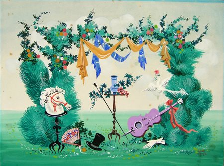 Crippa Luca " allegoria con strumento " tempera su carta cm 39 x 29 firmata...