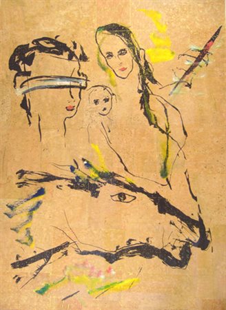 Treccani Ernesto " cavallo e figure " intervento ad olio su base grafica su...