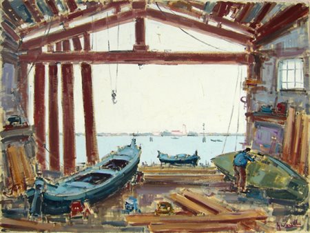 Novello Giancarlo " cantiere sulla Laguna " olio su tela cm 80 x 60 firmato...