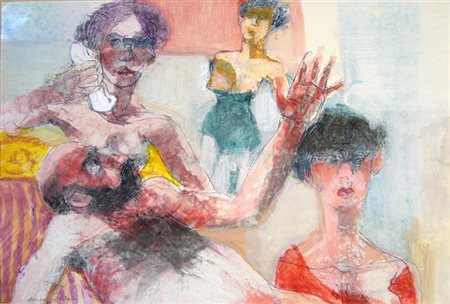 Motti Giuseppe " il pittore e le modelle " olio magro su cartone cm 50 x 35...