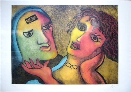 Baj Enrico " amanti " acquaforte acquatinta cm 70 x 100 Firmata in basso a...