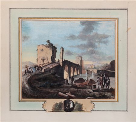 Pittore fiammingo attivo a Roma, secolo XVIII - Veduta di Ponte Milvio a Roma con pescatori e astanti
