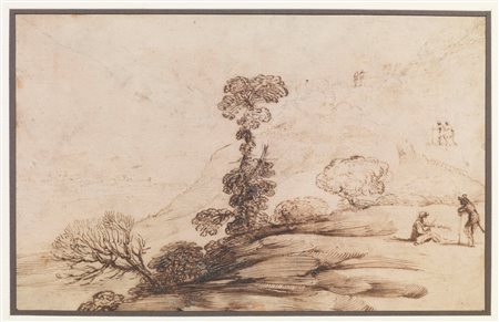 Ercole Bazzicaluva (attivo a Firenze, nella prima metà del sec. XVII)  - Paesaggio collinare con alberi e viandanti