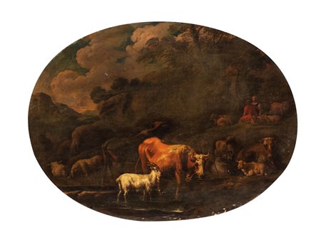 Pittore fiammingo attivo in Italia, inizi secolo XVIII - Due paesaggi fluviali con pastori e armenti al guado