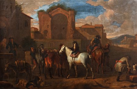 Pieter van Bloemen, detto lo Stendardo (Anversa 1657-1720)  - Sosta di cavalieri presso un borgo