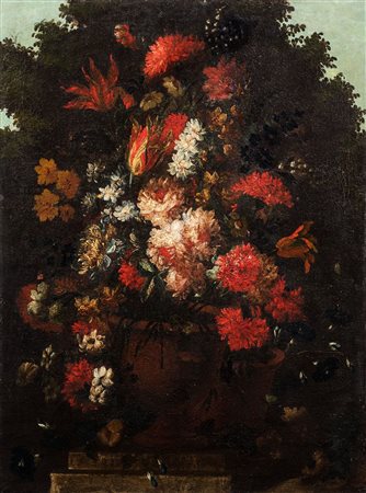 Scuola romana, seconda metà del secolo XVII - Due nature morte di fiori: Rose, tulipani, garofani e altri fiori in un vaso en plein air; e Garofani e altri fiori in due vasi en plein air