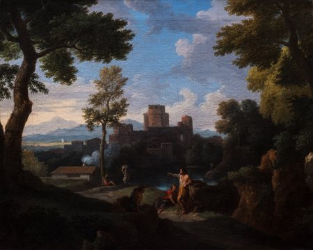 Jan Frans  van Bloemen, detto L'Orizzonte (Anversa 1662-Roma 1749)  - Paesaggio laziale con la predica del Battista e borgo turrito sullo sfondo