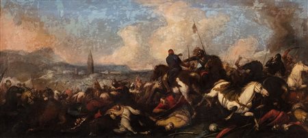 Attribuito a Jacques Courtois, detto il Borgognone (Saint-Hyppolite  1621-Roma 1676)  - Coppia di battaglie