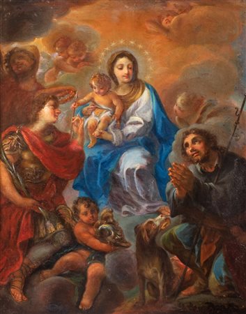 Scuola romana secolo XVIII - Madonna con Bambino in gloria tra i santi Rocco e Sebastiano e un angelo