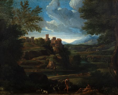 Jan Frans  van Bloemen, detto L'Orizzonte (Anversa 1662-Roma 1749)  - Paesaggio arcadico con pastori e armenti in primo piano e borgo turrito sullo sfondo