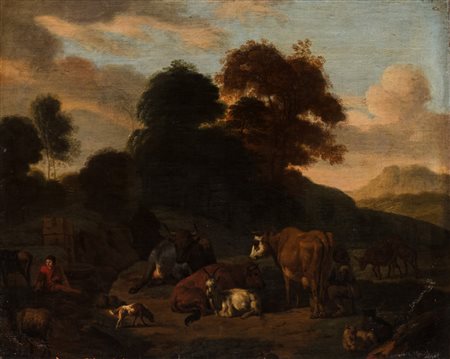 Cerchia di Nicolaes Berchem (Haarlem 1620 – Amsterdam 1683) - Paesaggio con pastori e armenti