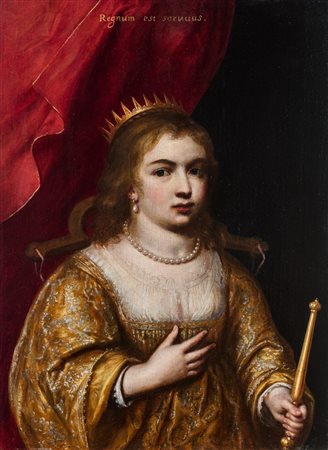 Scuola fiamminga, secolo XVII - Figura allegorica di una giovane regina con scettro, corona e giogo e il motto Regnum est servitus