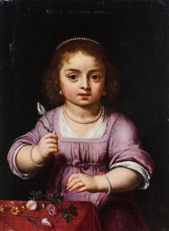 Scuola fiamminga, secolo XVII - Figura allegorica di una bambina con fiori recisi e il motto Vitae brevis honos