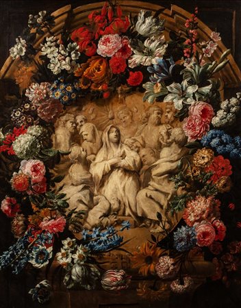 Nicola van Houbraken (Messina 1668-Livorno 1723)  - Trompe-l'oeil con bassorilievo in marmo raffigurante la Pentecoste entro ghirlanda di fiori