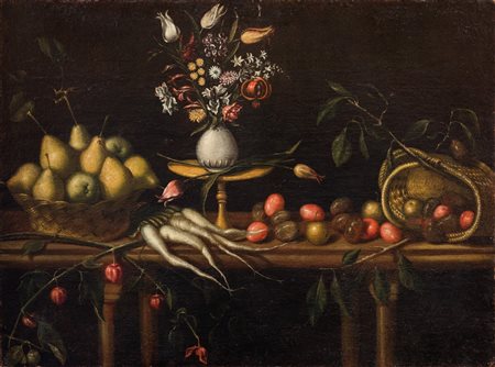 Scuola dell'Italia settentrionale, secolo XVII - Pere in un cesto di vimini, susine, ortaggi e fiori in un vaso su una balaustra
