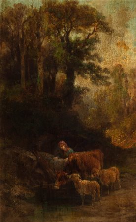 S. Mazza (Scuola italiana seconda metà del XIX secolo) - Pastorella che fa abbeverare gli animali