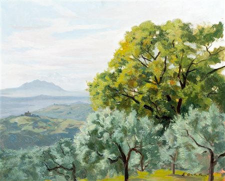 Enrico Ortolani (Roma 1883-1971)  - Veduta della Campagna Romana con il Monte Soratte in lontananza
