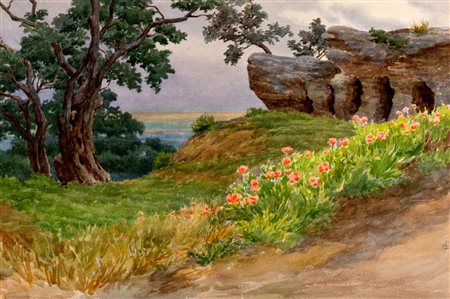 Ettore Ferrari (Roma 1845-1929)  - Coppia di vedute della campagna nei pressi di Tivoli