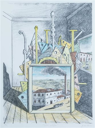 GIORGIO DE CHIRICO (Volo 1888 – Roma 1978) “Interno metafisico”. Litografia a...