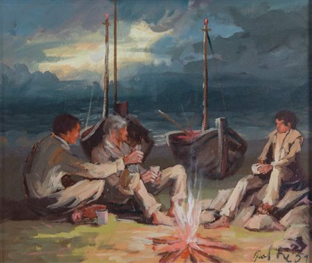 TONINO DAL RE (Imola 1924 – 2010) “Sulla spiaggia”, 1951. Olio su tela. Cm...