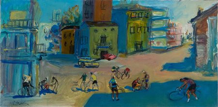 NINO CORRADO CORAZZA (Bologna 1897 – 1975) “La partenza”, 1970. Olio su tela....