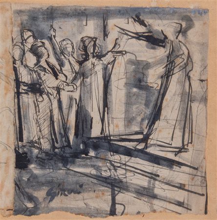 MARIO SIRONI (Sassari 1885 - Milano 1961) “Figure”. China e acquerello su...