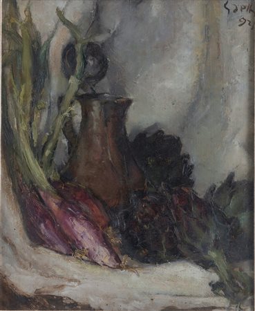 BRUNO SAETTI (Bologna 1902 – 1984) “Cipolle e carciofi”, 1925. Olio su legno....