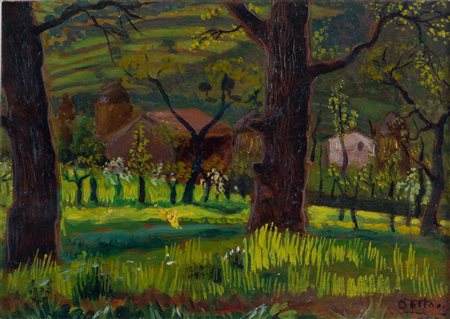 GERARDO DOTTORI (Perugia 1884 – 1977) “Bosco con casolari”. Olio su tavola....