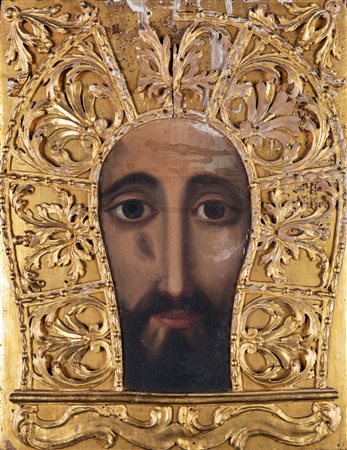 Antica icona ortodossa raffigurante volto di Cristo - incorniciato da rilievi...