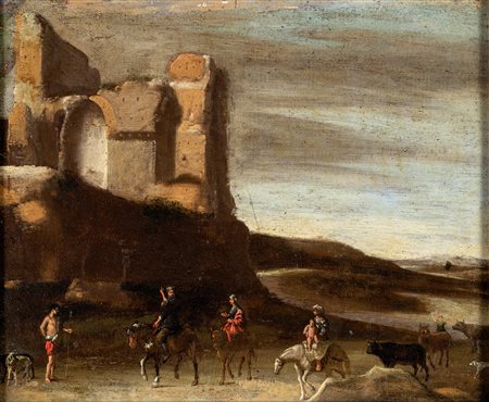 Scuola romana del XVII secolo - Paesaggio fluviale con architetture e fuga in...