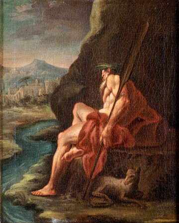 Pittore del XVIII secolo - Paesaggio fluviale con Santo eremita e agnello -...