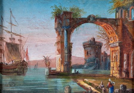 Scuola Veneta del XVIII secolo - Marina con veliero e ruderi antichi - Entro...