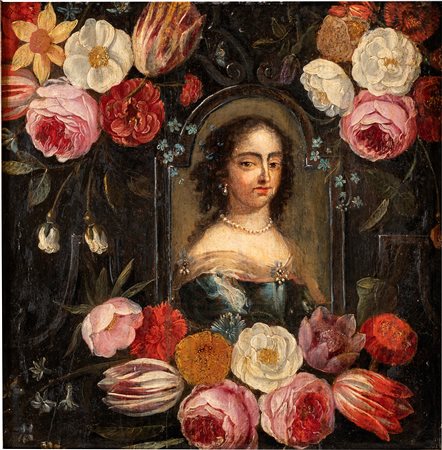 Pittore del XVIII secolo - Natura morta di fiori con ritratto femminile -...