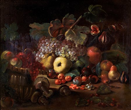 Scuola romana del XVII secolo - Natura morta di frutta e funghi - olio su...