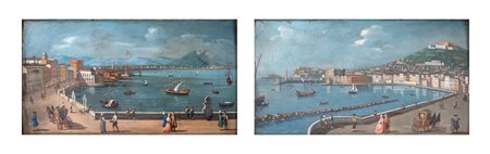 Pittore della fine del XVIII secolo - Vedute portuali - coppia di olii su...
