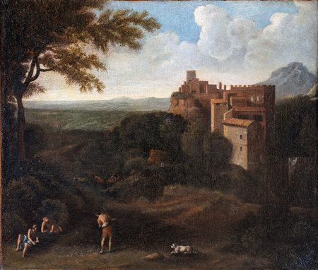 Gaspard Dughet (attribuito) - Paesaggio con castello e borgo - olio su tela -...