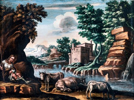 Pittore del XVII secolo - a) Paesaggio fluviale con pastore dormiente b)...