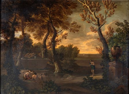 Scuola romana del XVII secolo - Paesaggio con fontana e figure classiche -...