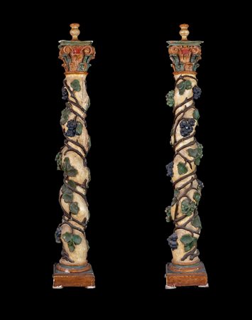 Coppia di colonne tortili - Coppia di torciere in legno scolpito e laccato,...