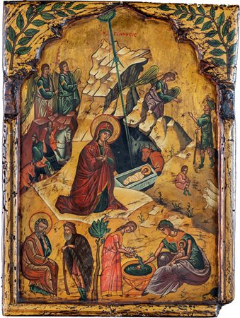 Icona greca raffigurante Natività, XIX secolo - Maria osserva il Bambino...