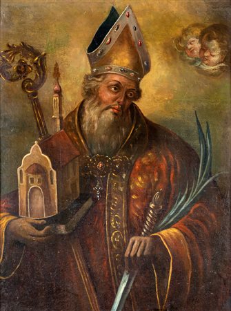 Pittore del XIX secolo - San Volfango di Ratisbona - cornice ebanizzata e...