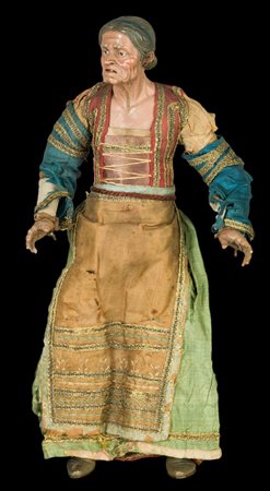 Vecchia popolana con chignon - corpetto rosso e beige a strisce, maniche blu...