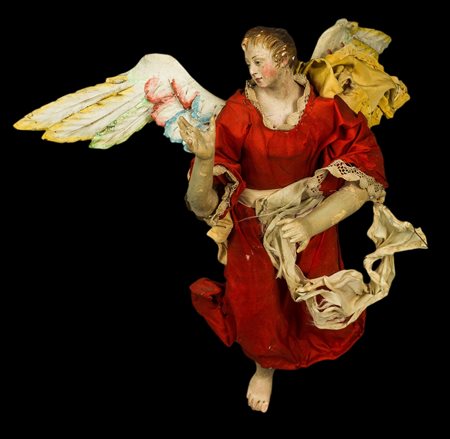 Angelo vestito - ali in legno policromo, tunica rossa, svolazzi gialli e...