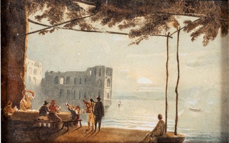 Anton Sminck Pitloo - Borgo di Napoli al tramonto - acquerello su carta - cm...